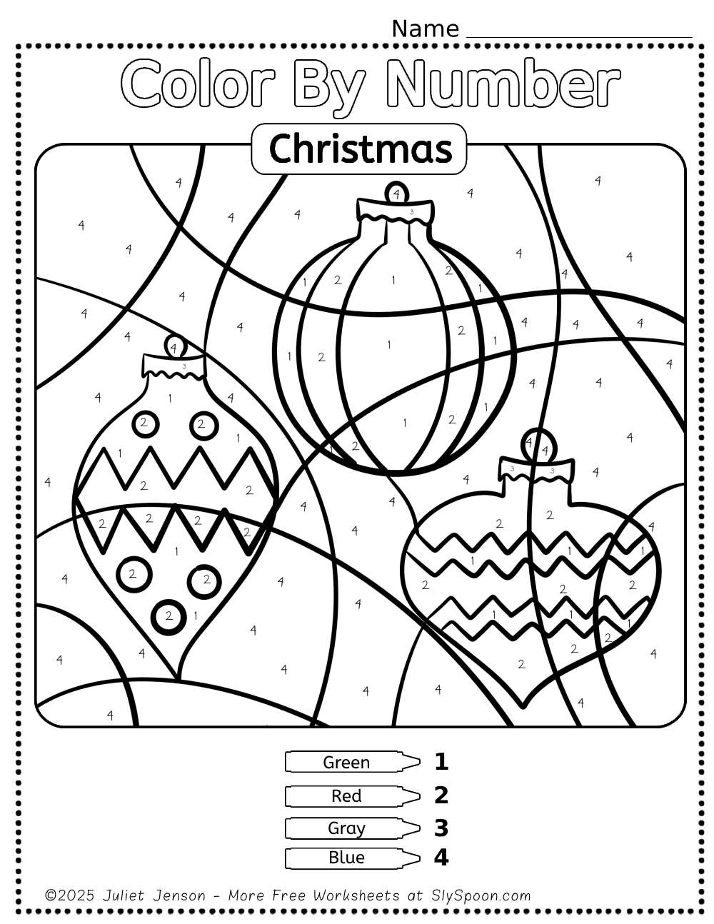 Color By Number 1st Grade Free Printable featuring Christmas ornaments to color