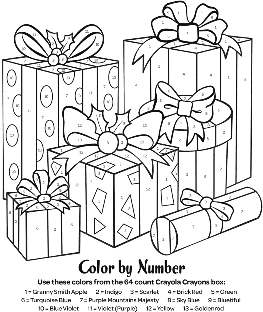 Color by number worksheet featuring beautifully wrapped gift boxes with bows