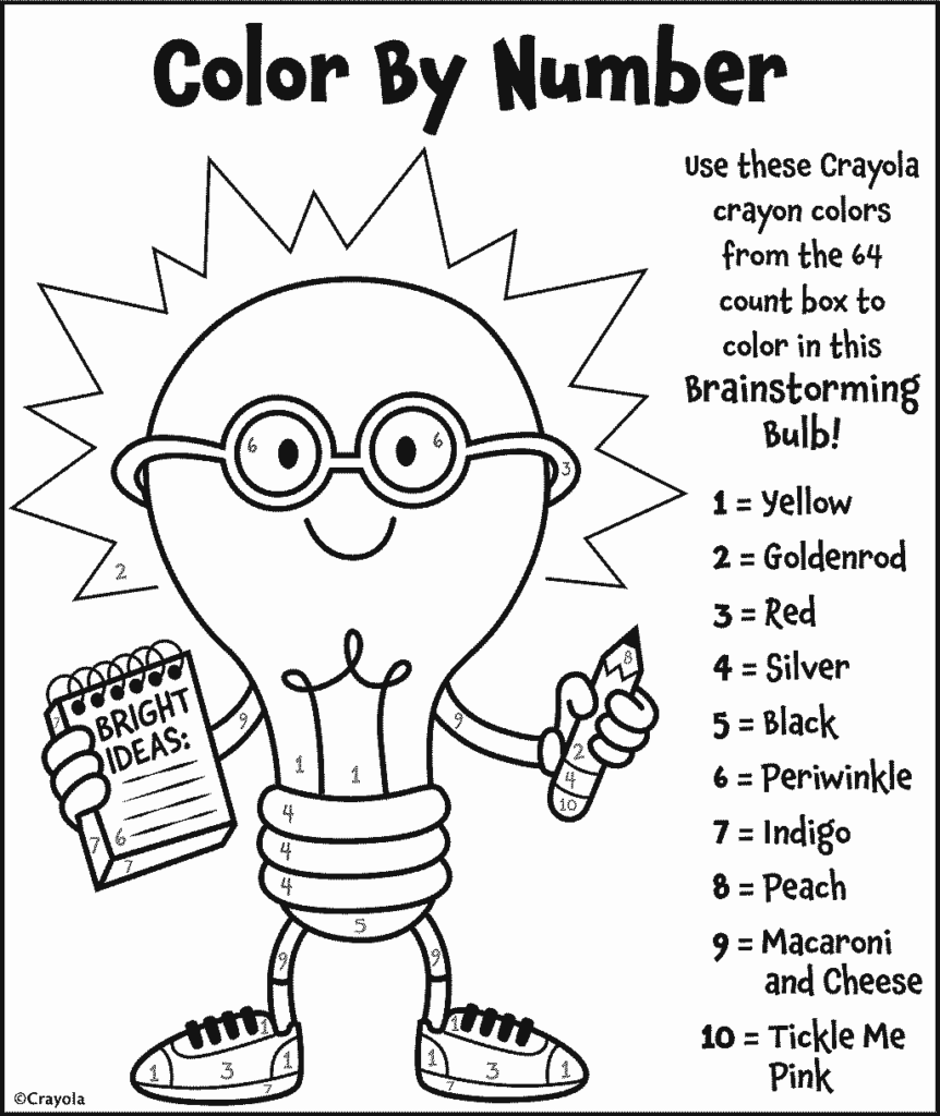Color by number template featuring a lightbulb character with a notepad and pencil