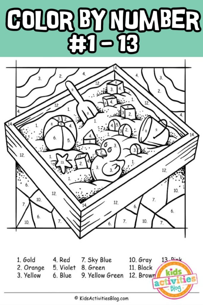 Color by number printable showing a sandbox with toys and a duck