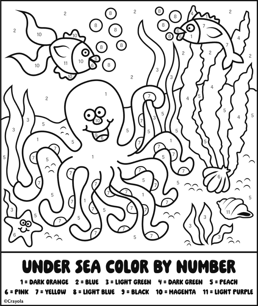 Under sea color by number printable showing an octopus and fish with numbered sections
