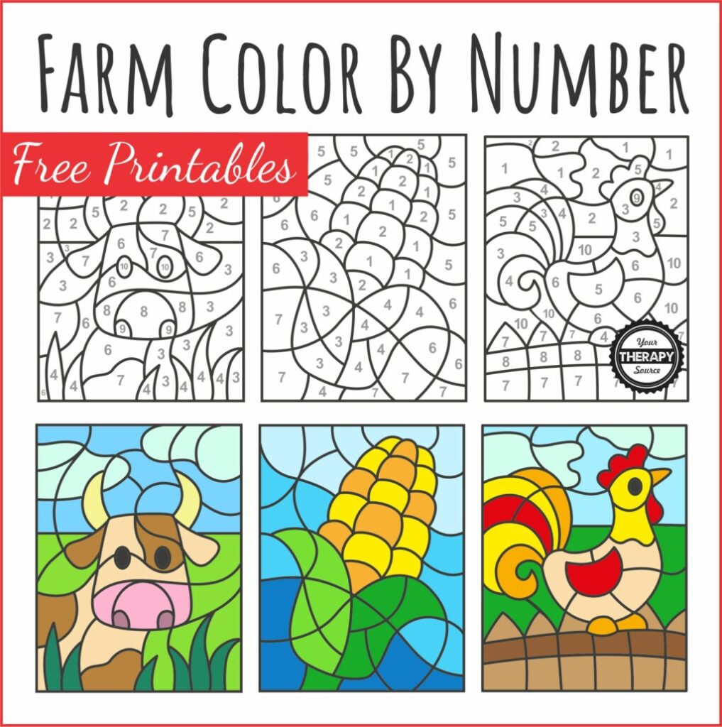 Color By Number Free Printable Worksheets featuring farm animals and crops for kids to color