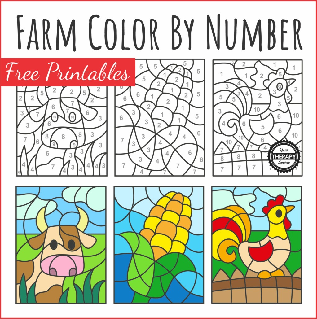 Color By Number Free Printable Worksheets featuring farm animals and crops for kids to color