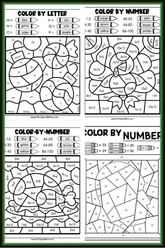 Various color by number worksheets featuring fun shapes and numbers for kids