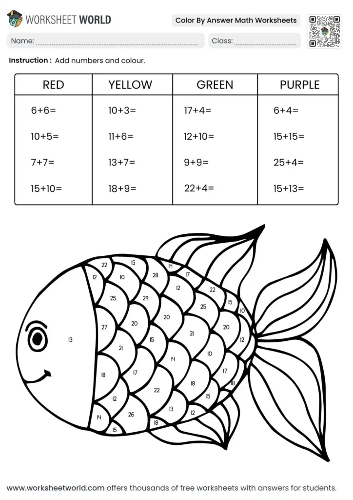 Engaging Color By Number Math Worksheets Free featuring a fish illustration with math problems