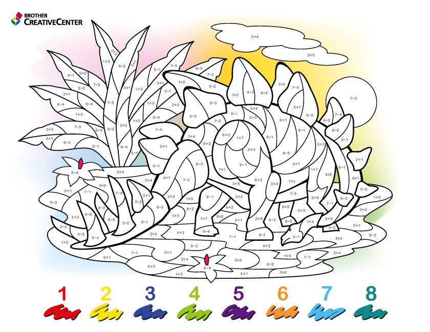 Color By Number Math Worksheets Featuring a Dinosaur Scene Color By Number Math Worksheets with a dinosaur and plants for kids to color and learn math