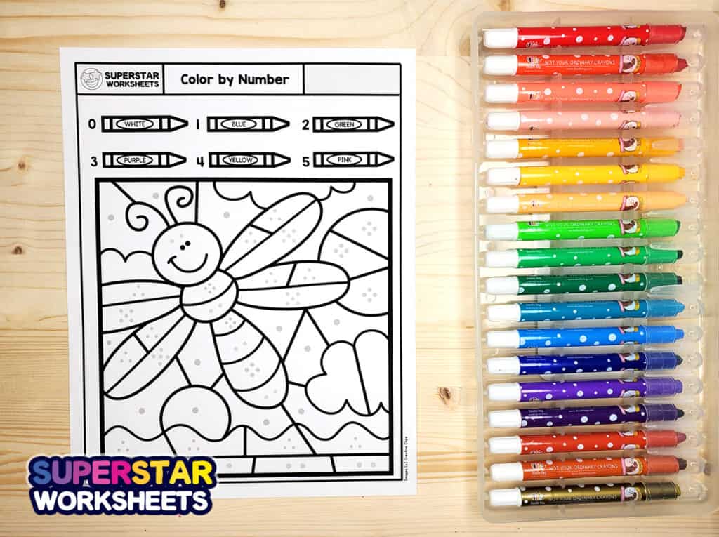 Color By Number Worksheets for Kindergarten Free Download Color by number worksheet with a cheerful design and crayons for kindergarten