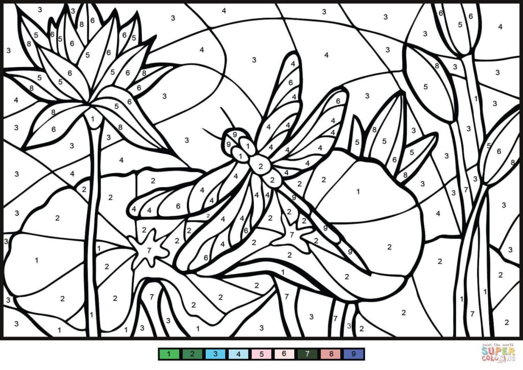 Color By Numbers – Dragonfly Scene Color by numbers of a dragonfly resting on a lily pad
