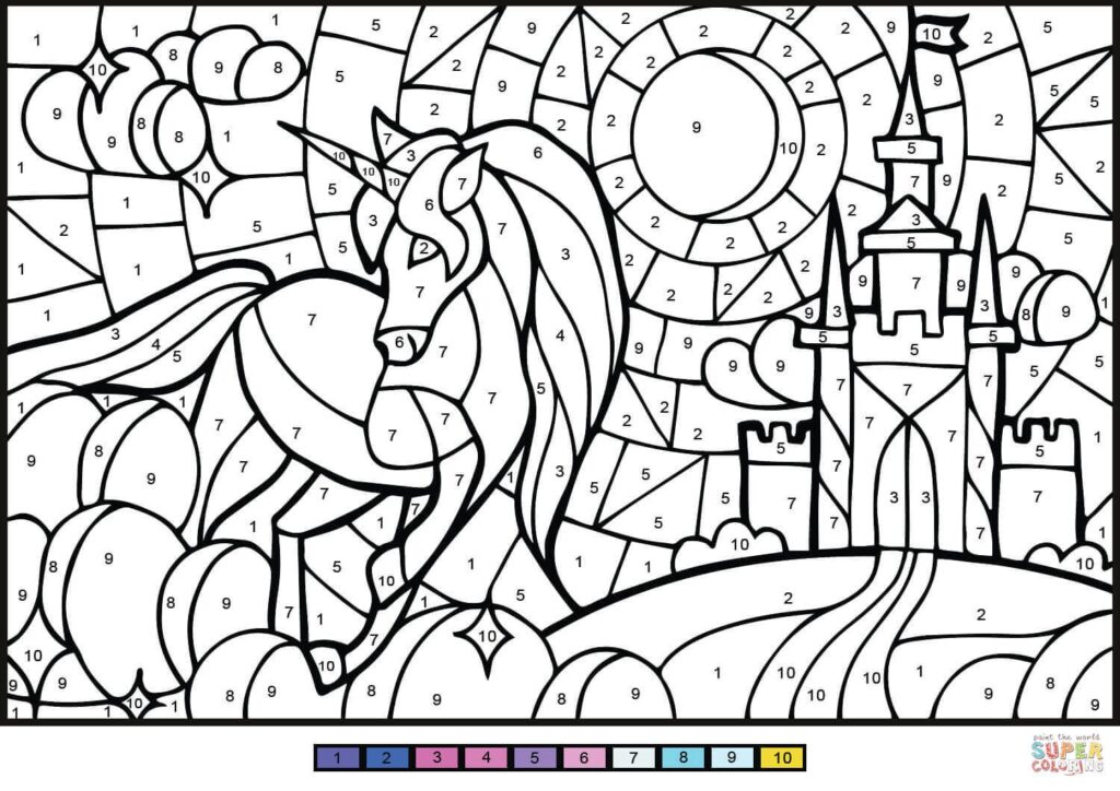 Color By Numbers Printable Featuring a Unicorn Color by numbers printable depicting a majestic unicorn with a castle in the background