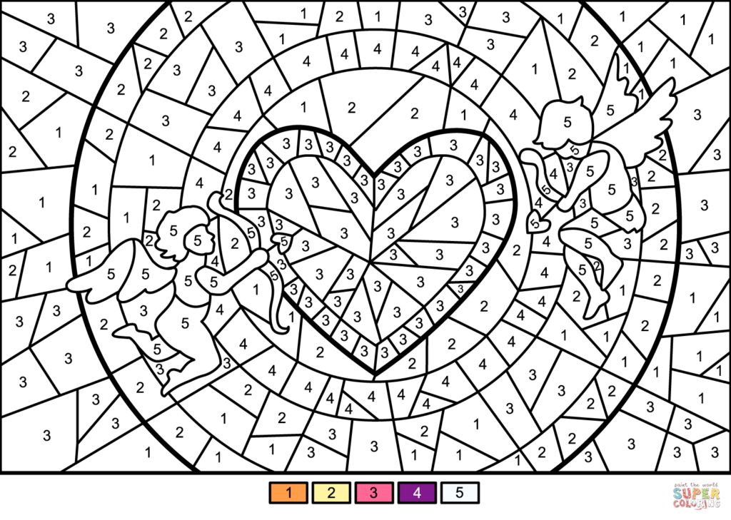 Color By Numbers Heart Design for Adults Fun color by numbers worksheet featuring a heart and cherubs for adults