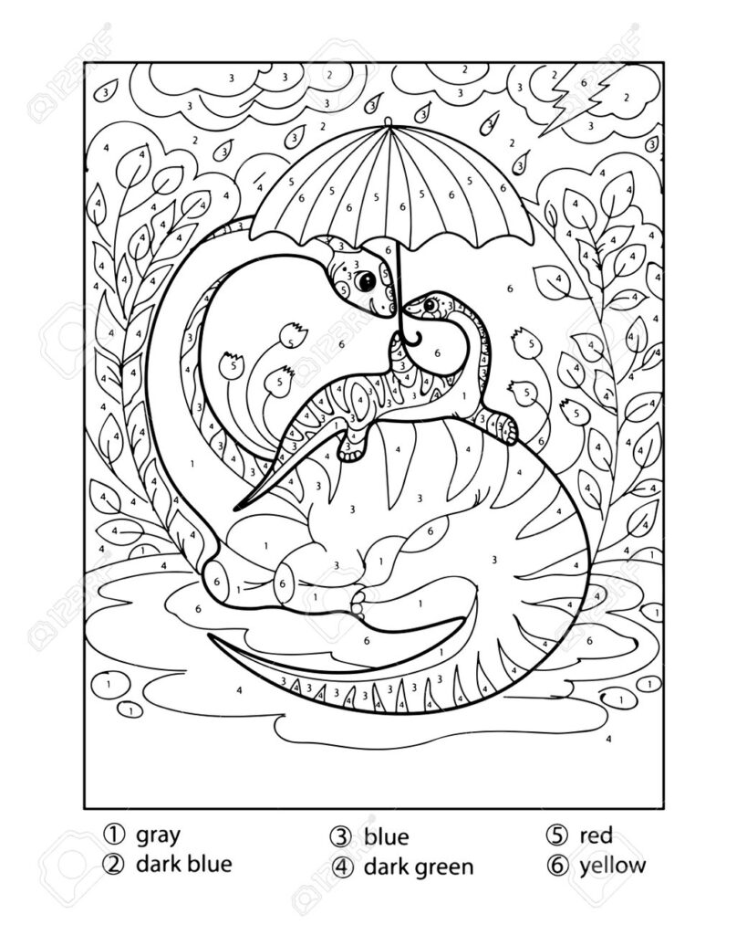 Color By Numbers For Adults Coloring Pages featuring a dinosaur under an umbrella with a whimsical background
