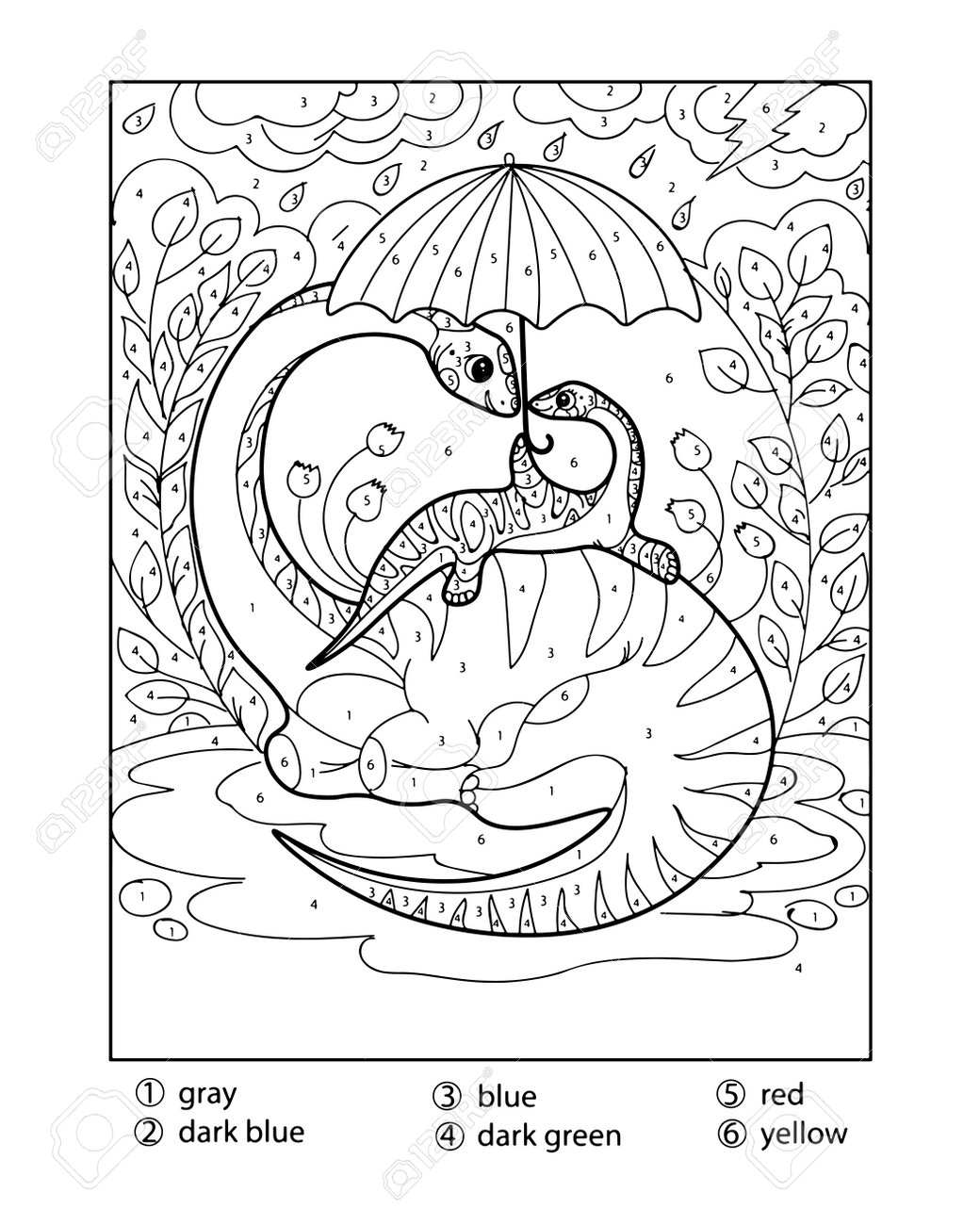 Color By Numbers For Adults Coloring Pages featuring a dinosaur under an umbrella with a whimsical background