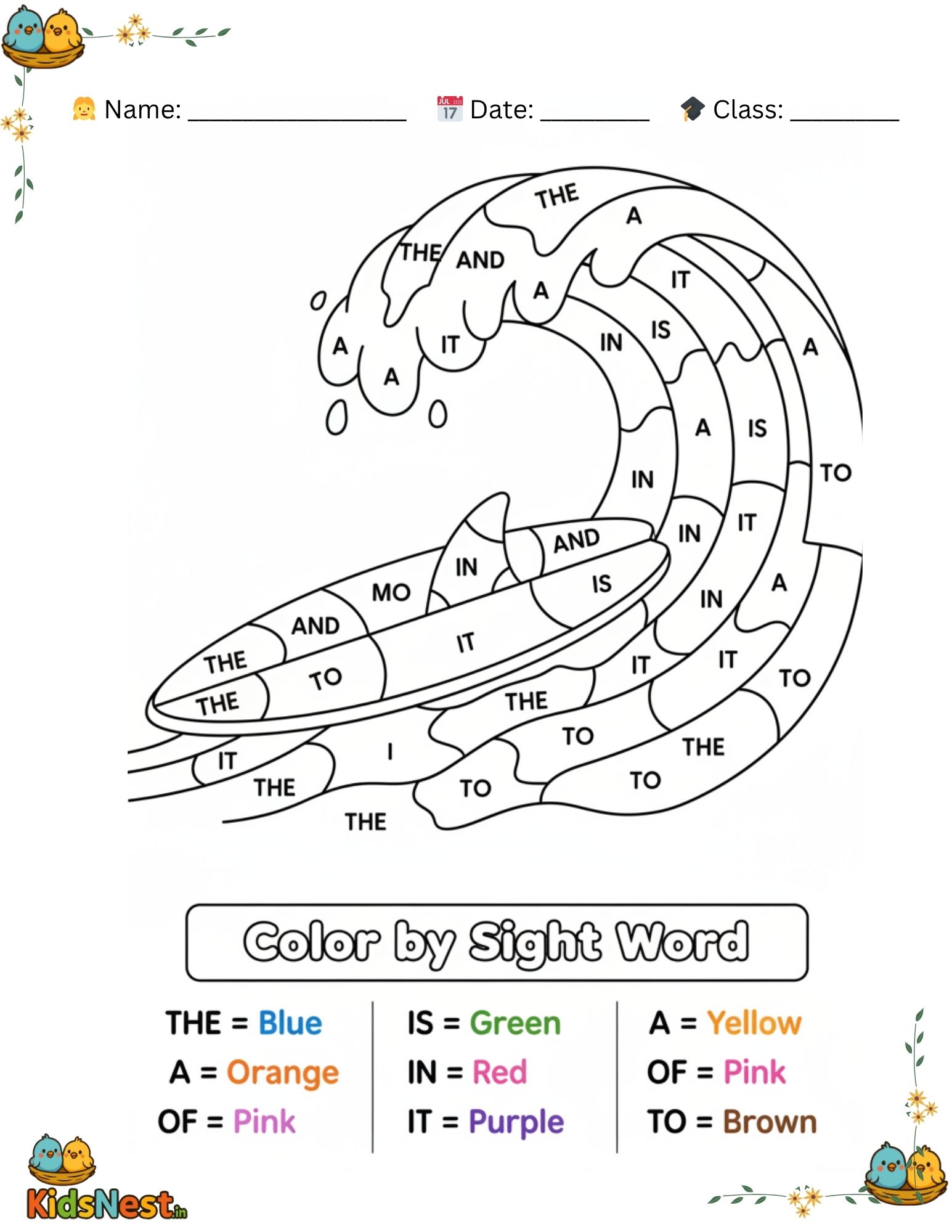 Engaging Color By Sight Word 1st Grade worksheet featuring a wave design with sight words