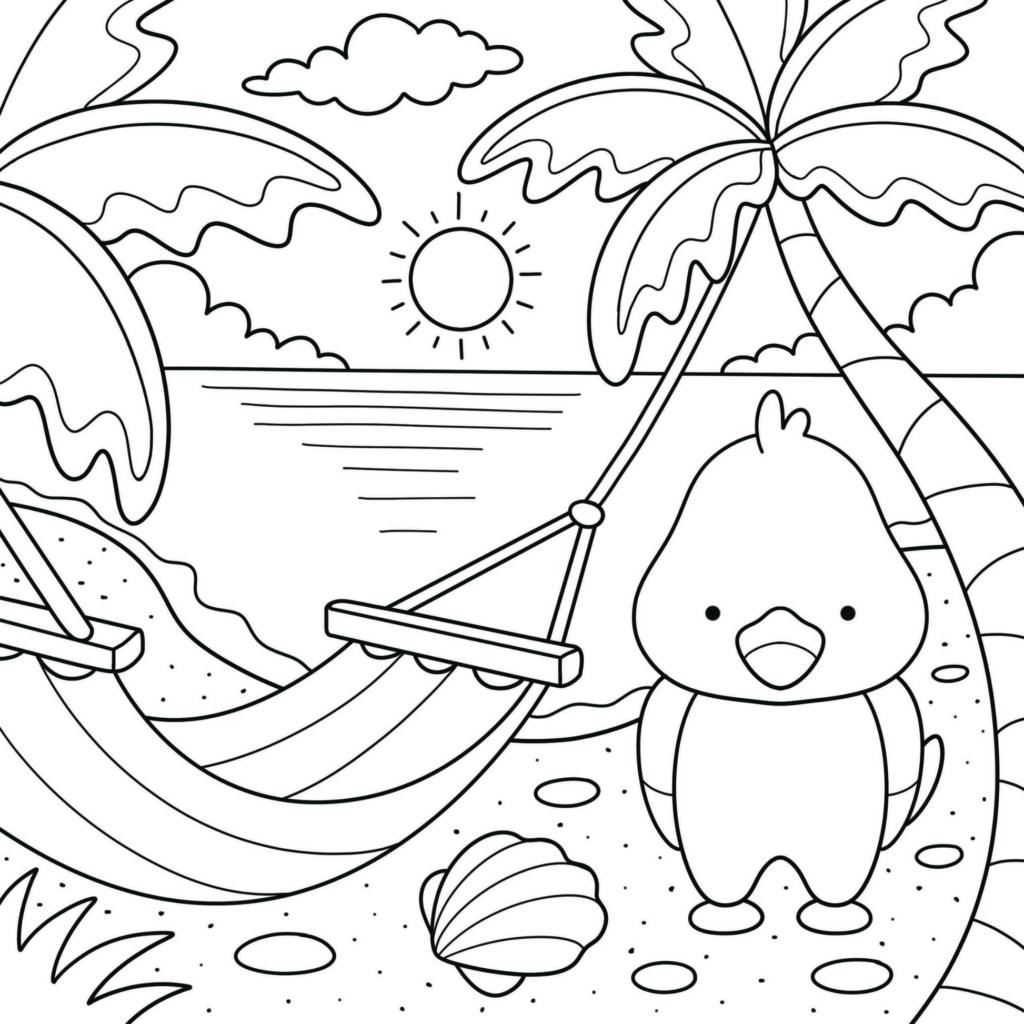 Color Pages For Adults Printable – Comfy Vibes Coloring Pages Color Pages For Adults Printable - Relaxing printable coloring page featuring a hammock, palm trees, and a cute bird by the b