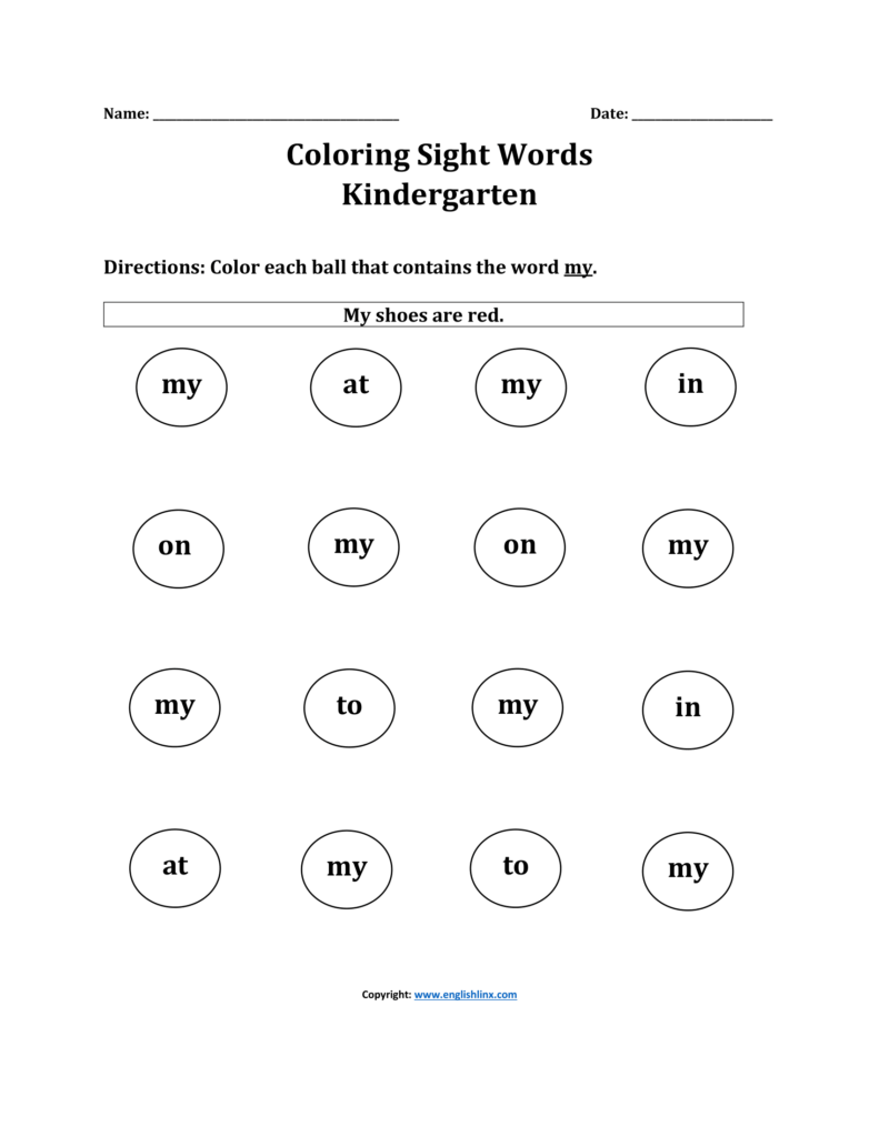 Color Sight Words For Kindergarten – Coloring Worksheet Free printable coloring worksheet for Color Sight Words For Kindergarten featuring sight words to color