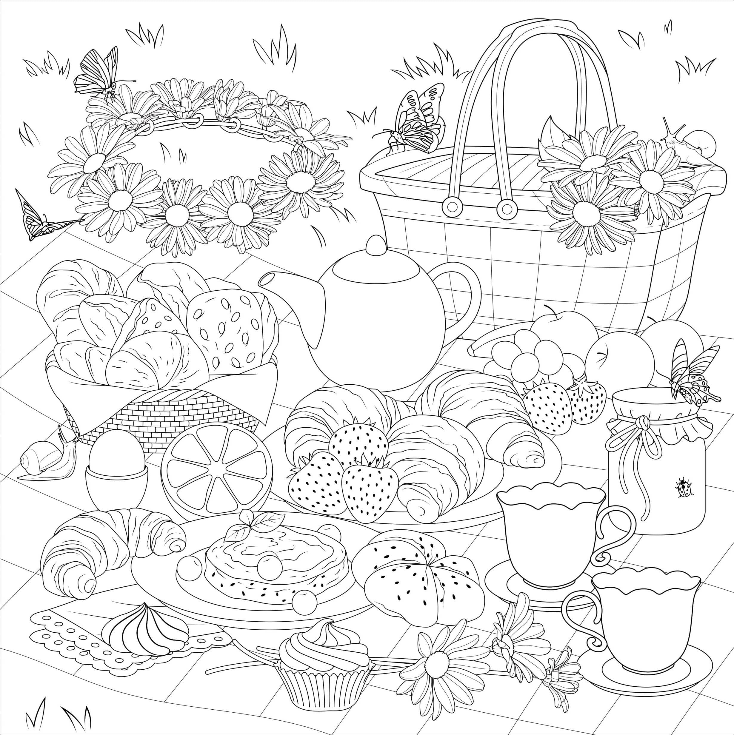 Coloring Books For Adults Printable - Intricate cottagecore scene featuring food and flowers in a coloring book for adults pr
