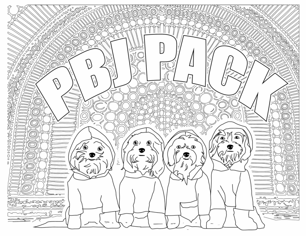 Four cute dogs in hoodies with 'PBJ Pack' text in the background