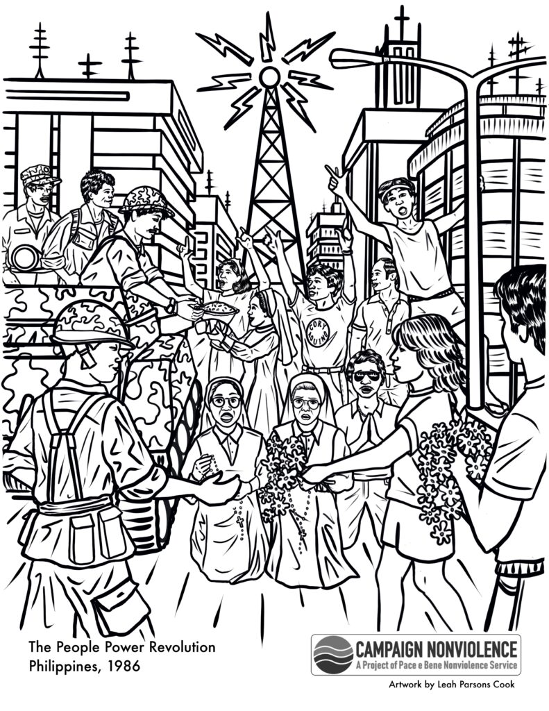 A coloring page depicting the People Power Revolution in the Philippines, featuring various characters