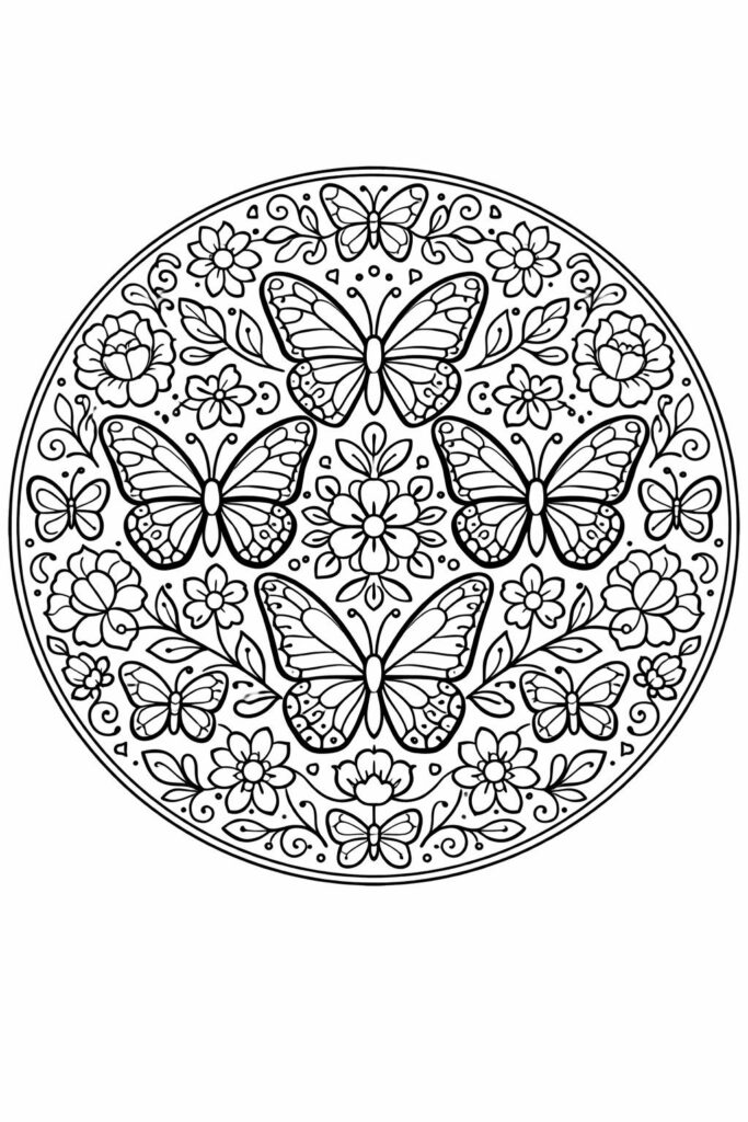 Beautiful butterfly pattern for adult coloring pages, featuring flowers and intricate details