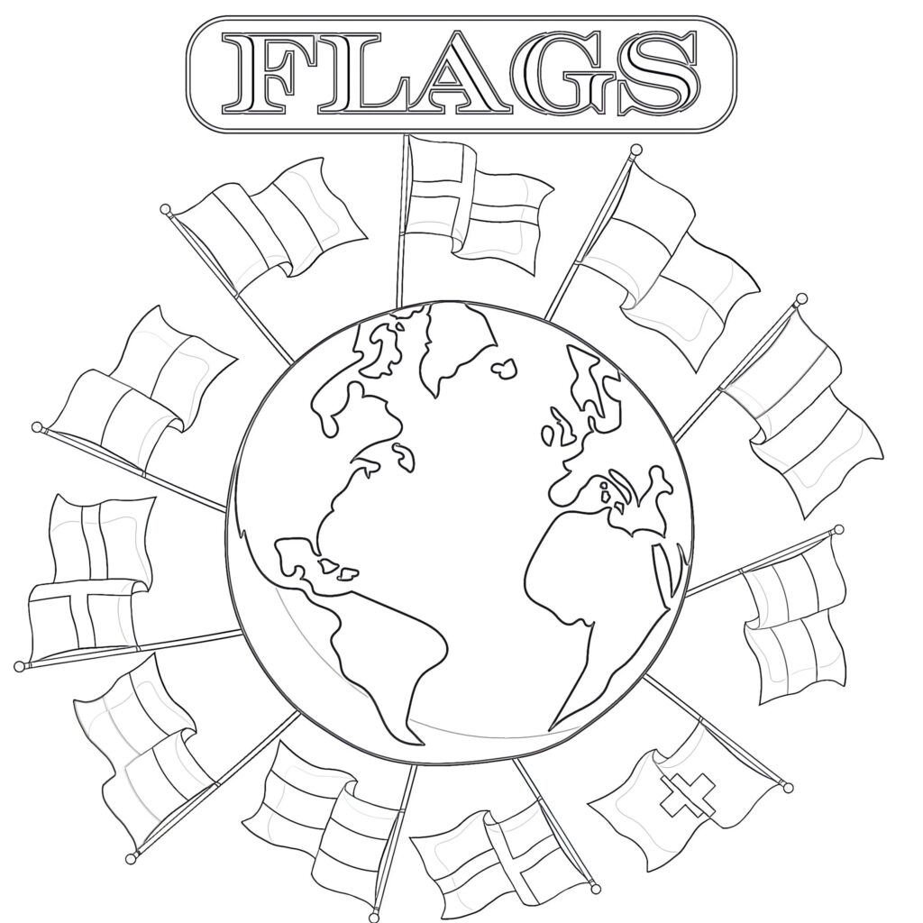 Coloring page displaying multiple flags surrounding a globe