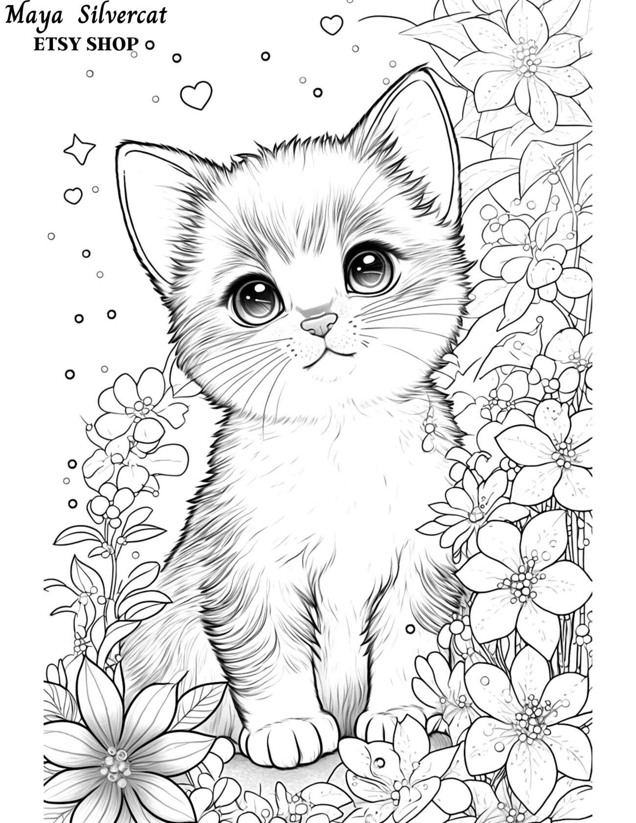 Coloring Pages For Adults Cute - Cute Cat & Flowers - free coloring page for adults and kids | Cat ...