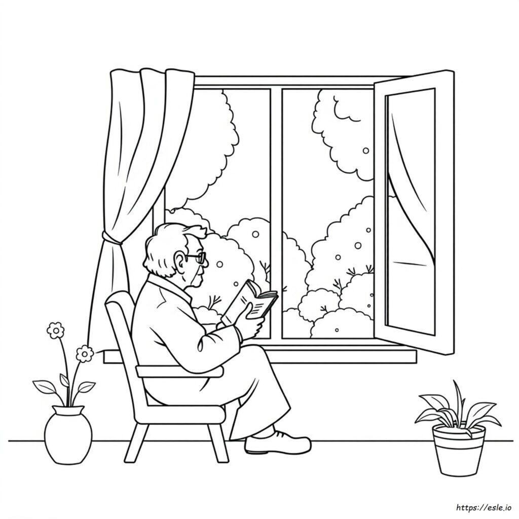 Coloring Pages For Old People – Senior Reading by Window An elderly man reading by an open window, perfect for coloring activities