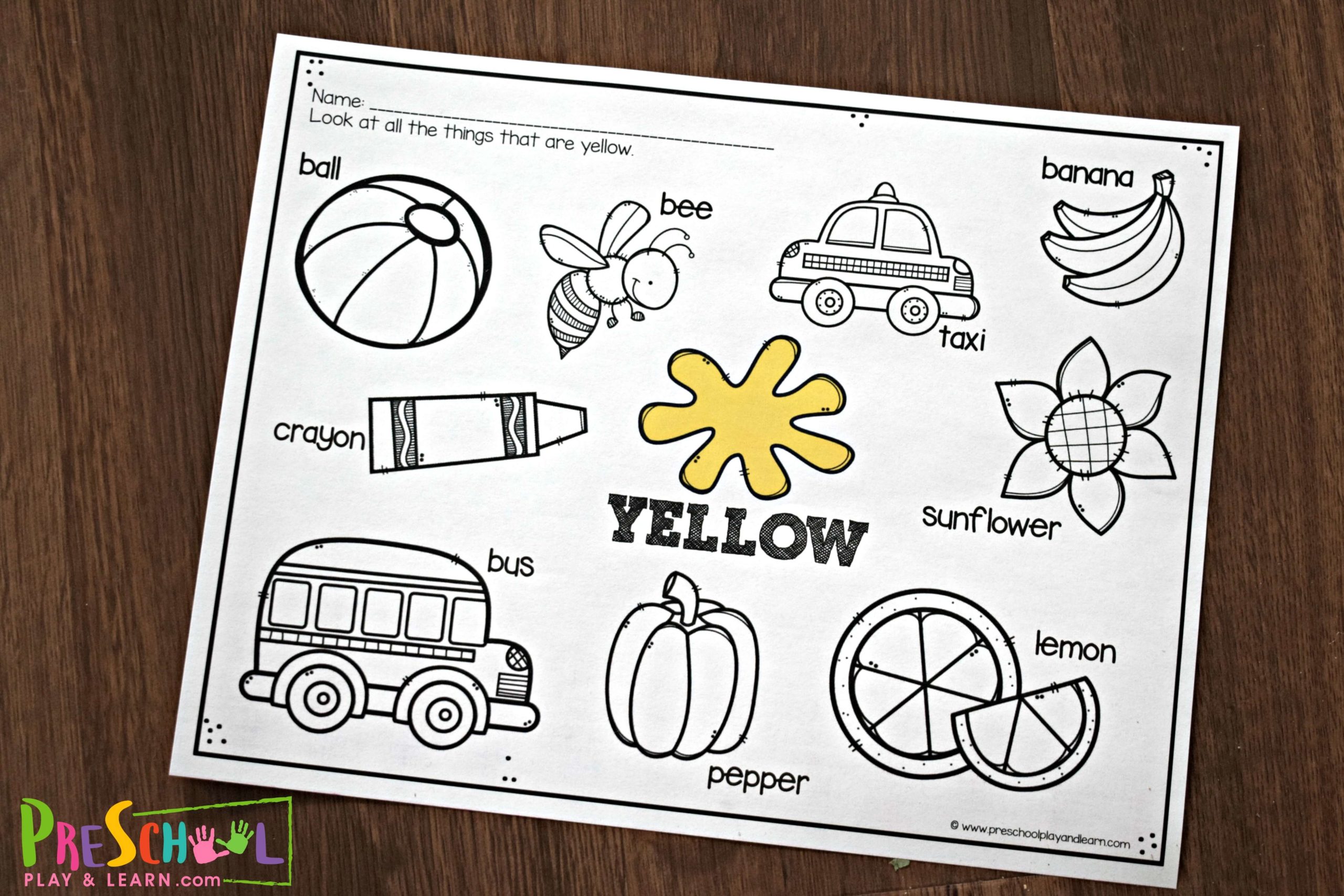 Free printable coloring pages for Pre K featuring yellow objects like a bee, banana, and sun