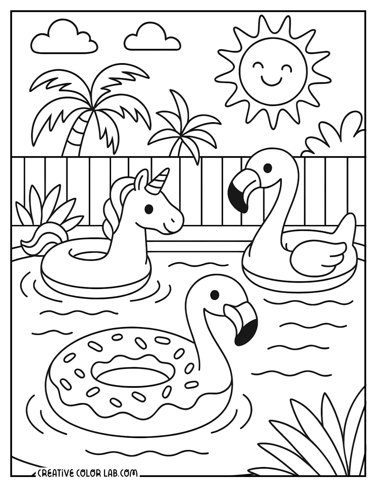 Free printable coloring pages for summer activities with pool floats like unicorn and flamingo