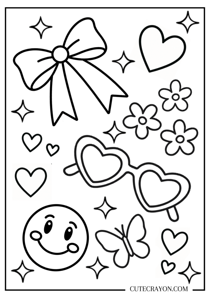 Coloring page for teens featuring hearts, flowers, and a smiley face