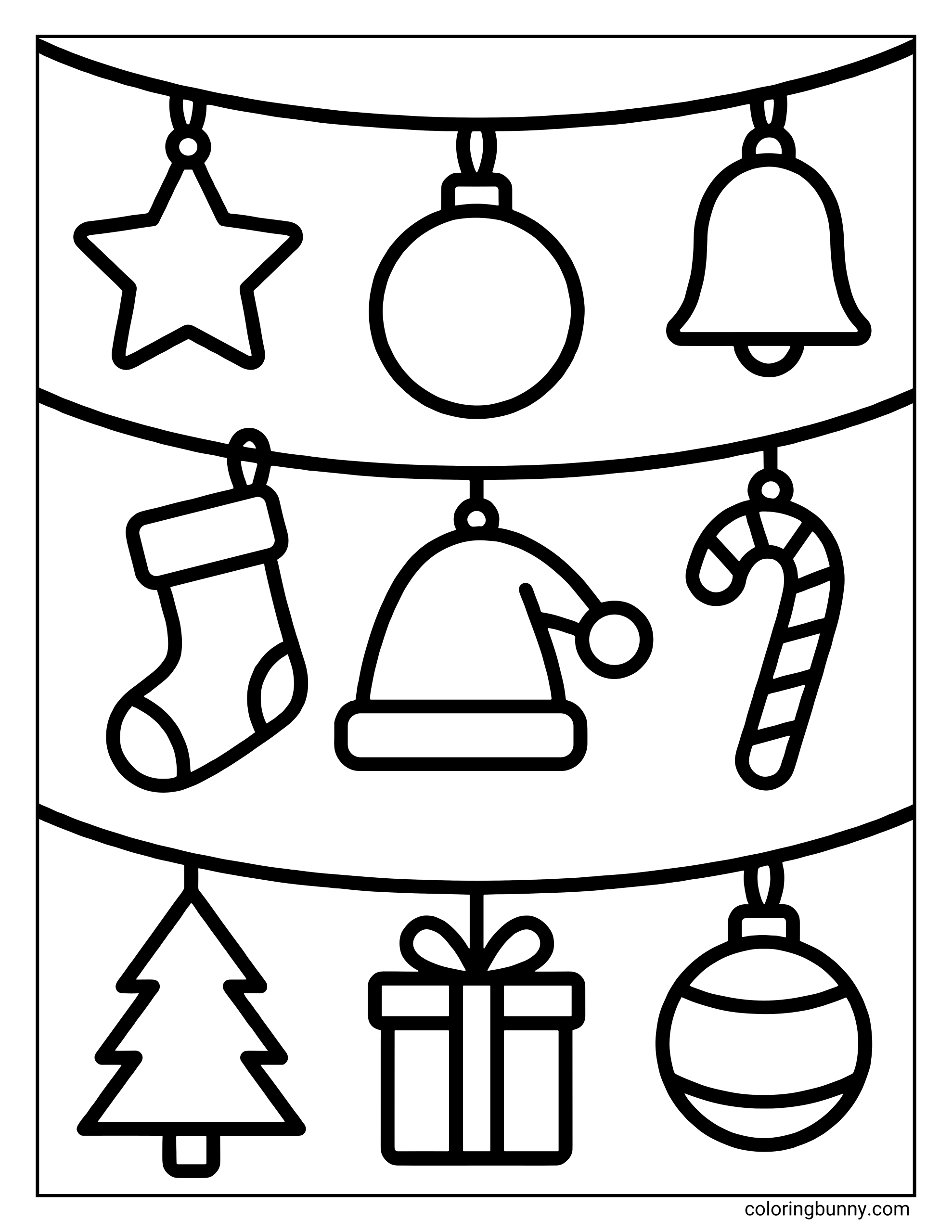 Free printable coloring pages of Christmas things featuring ornaments, stockings, and a Christmas tree