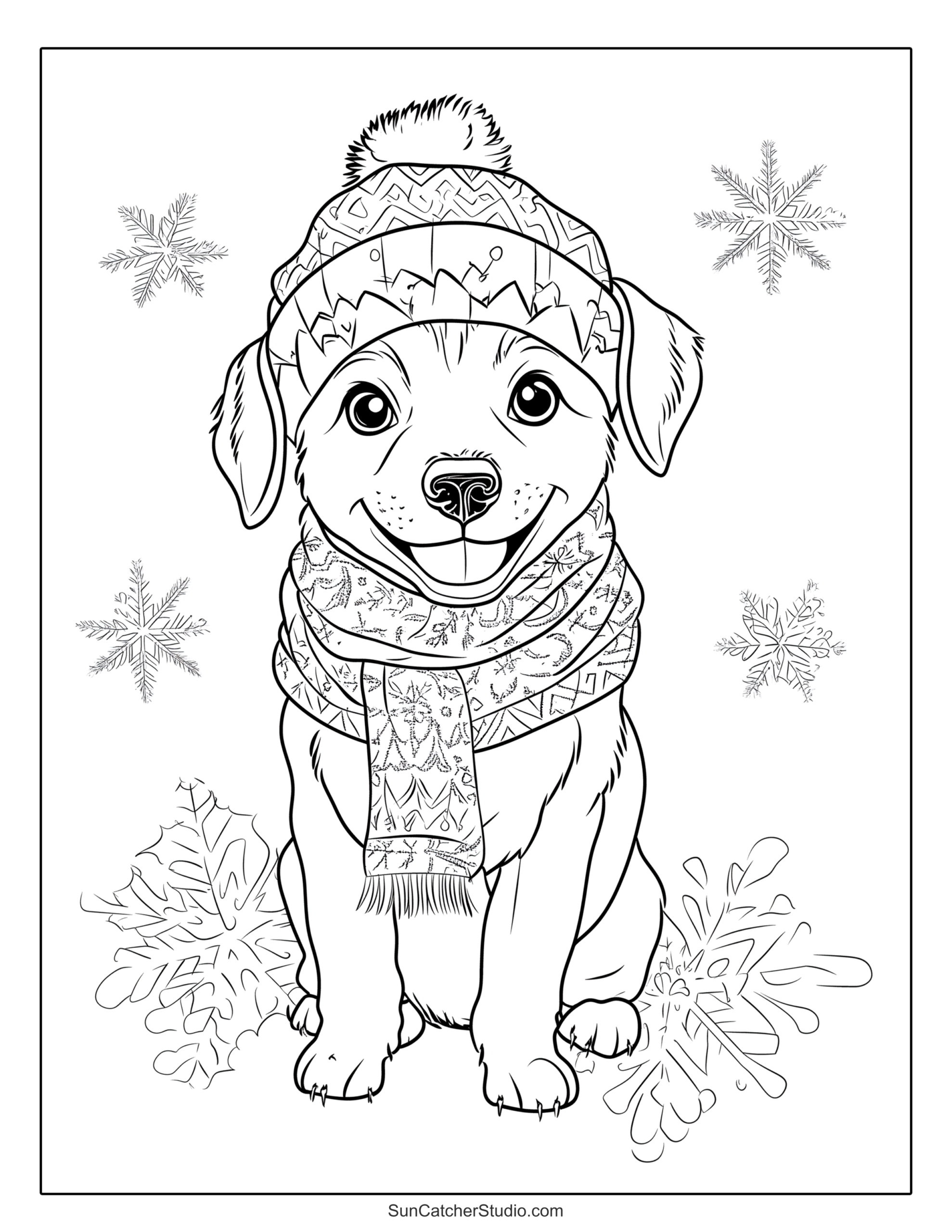 Coloring Pages Of Dogs For Adults - Free printable coloring page of a cute puppy wearing a winter scarf and hat, perfect for