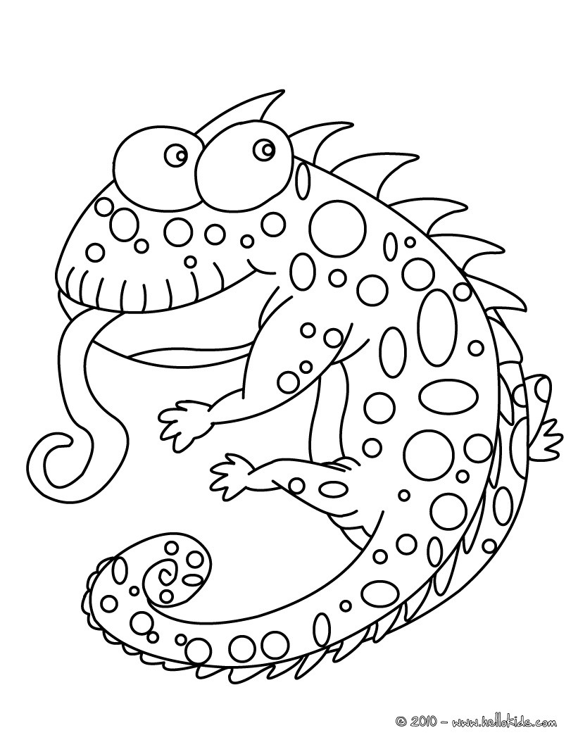 A whimsical chameleon with big eyes and a playful expression for coloring pages of funny animals