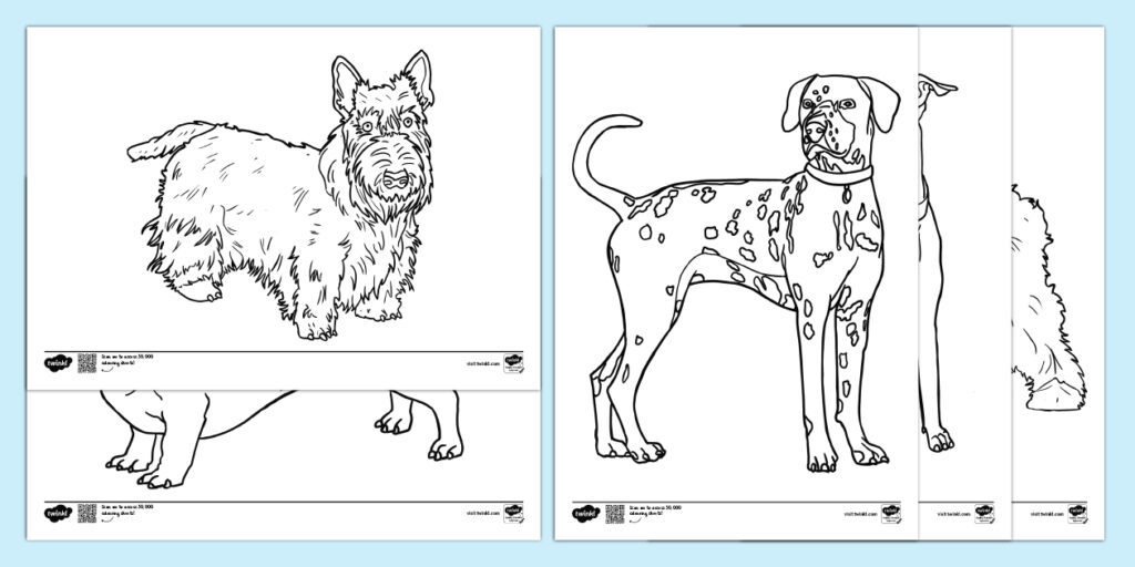 Free printable coloring picture of a dog featuring various dog breeds for kids to color