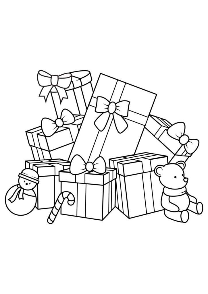 Coloring Pictures Of Christmas Presents featuring various gift boxes and holiday decorations
