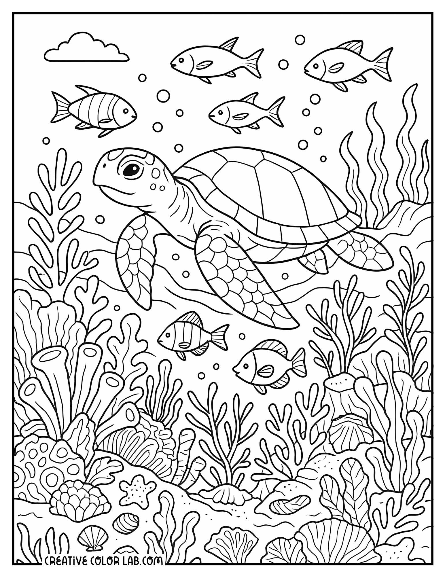 Free printable ocean-themed coloring sheets for advanced coloring featuring a turtle and fish