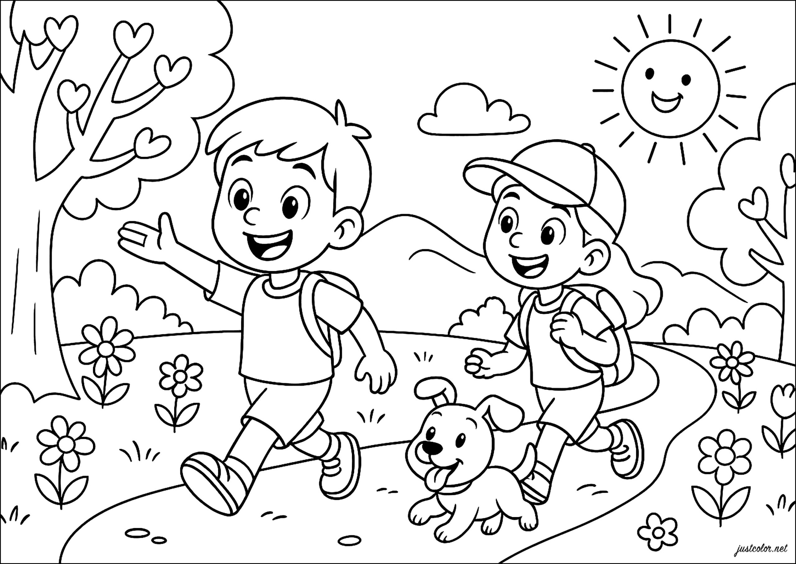 Coloring Sheets For Kids Summer featuring children walking with a dog on a sunny day