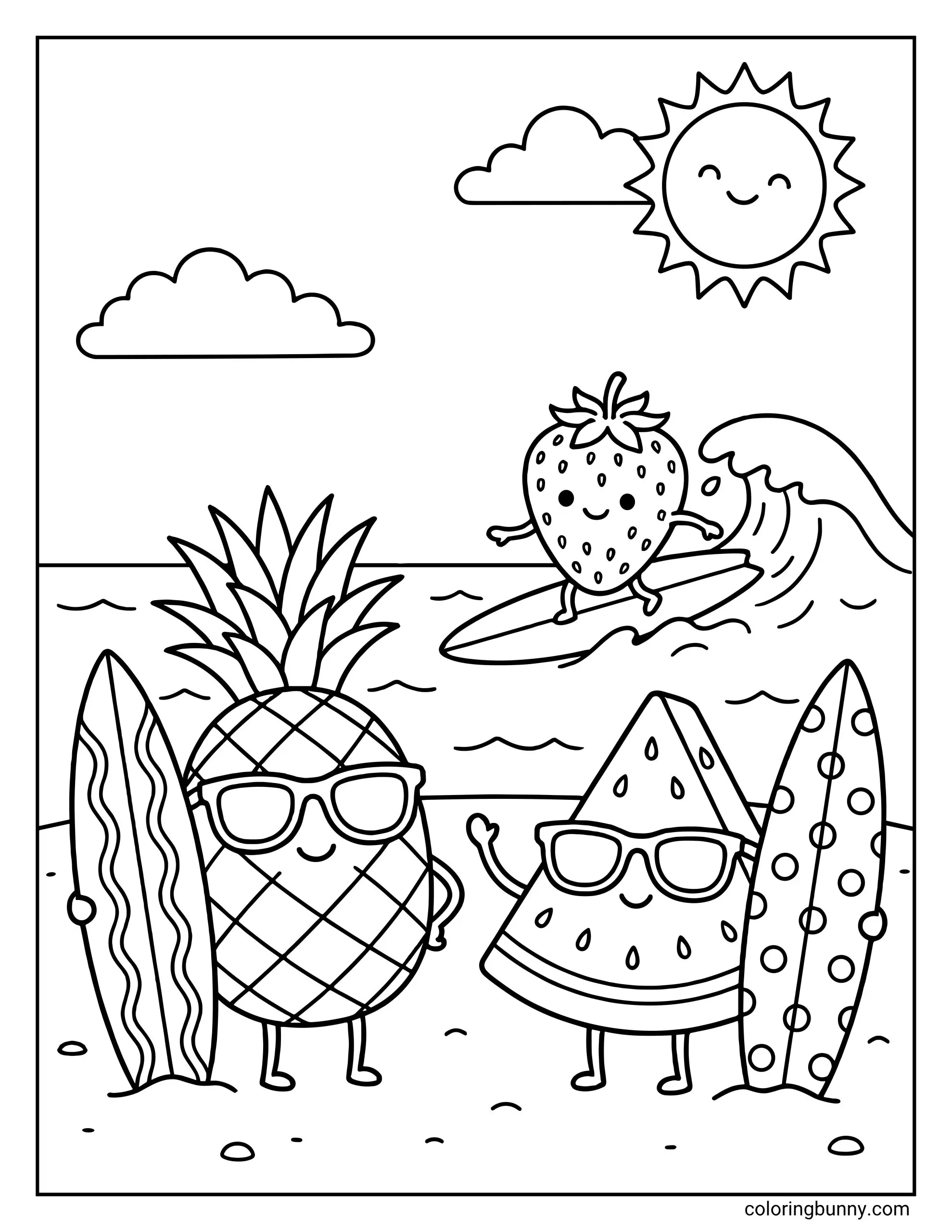 Coloring Summer Worksheets For Kindergarten featuring a beach scene with fruits and a surfer