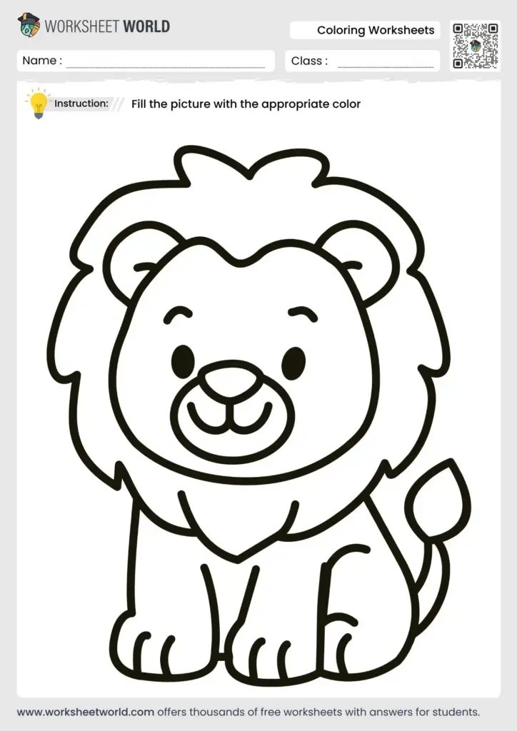 Coloring Pages For Kids – Lion Worksheet Printable lion coloring worksheet designed for kids to fill with colors