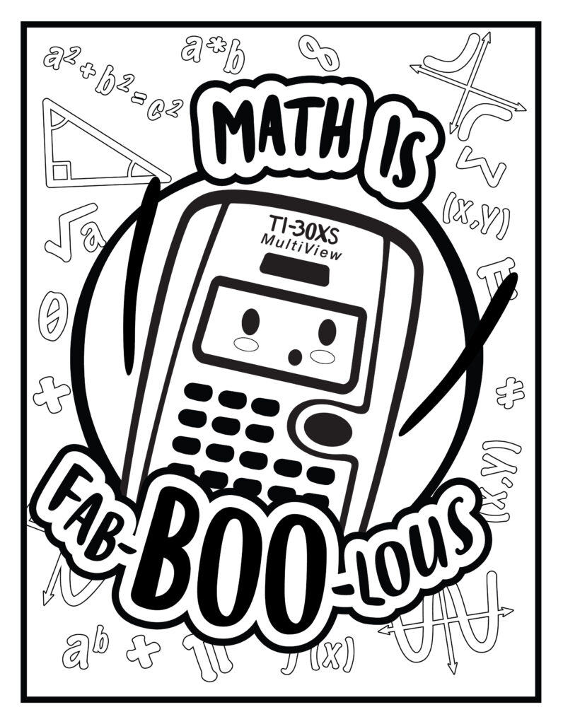 Engaging coloring page with a calculator and fun math-themed graphics