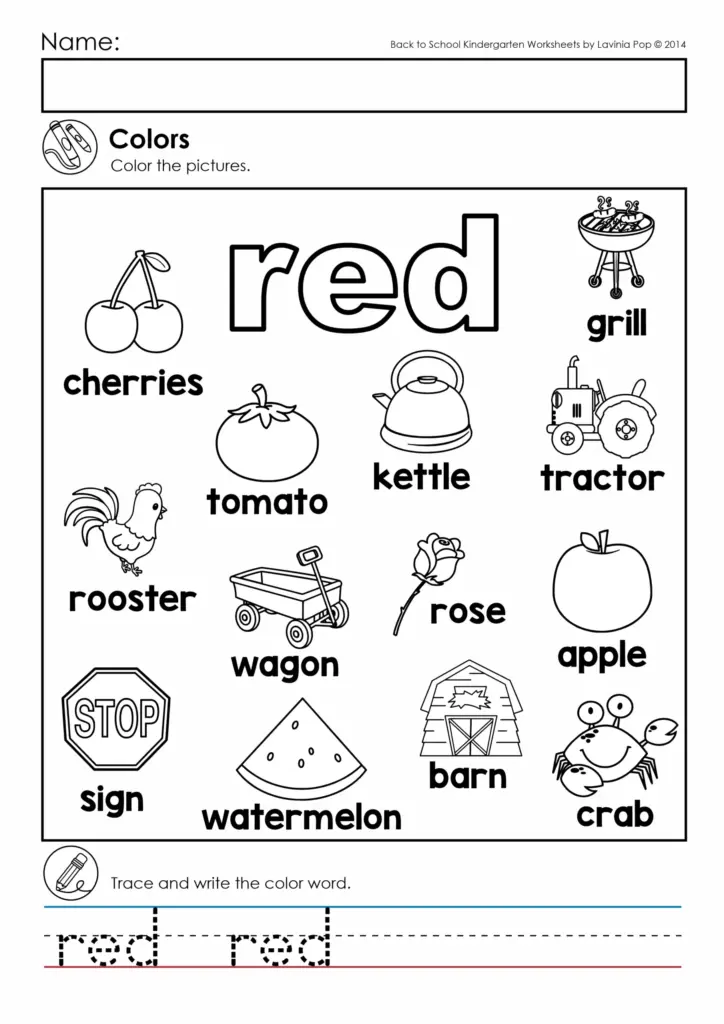 Colors Coloring Pages for Kindergarten – Educational Worksheet Educational coloring page with various objects representing different colors for kindergarten