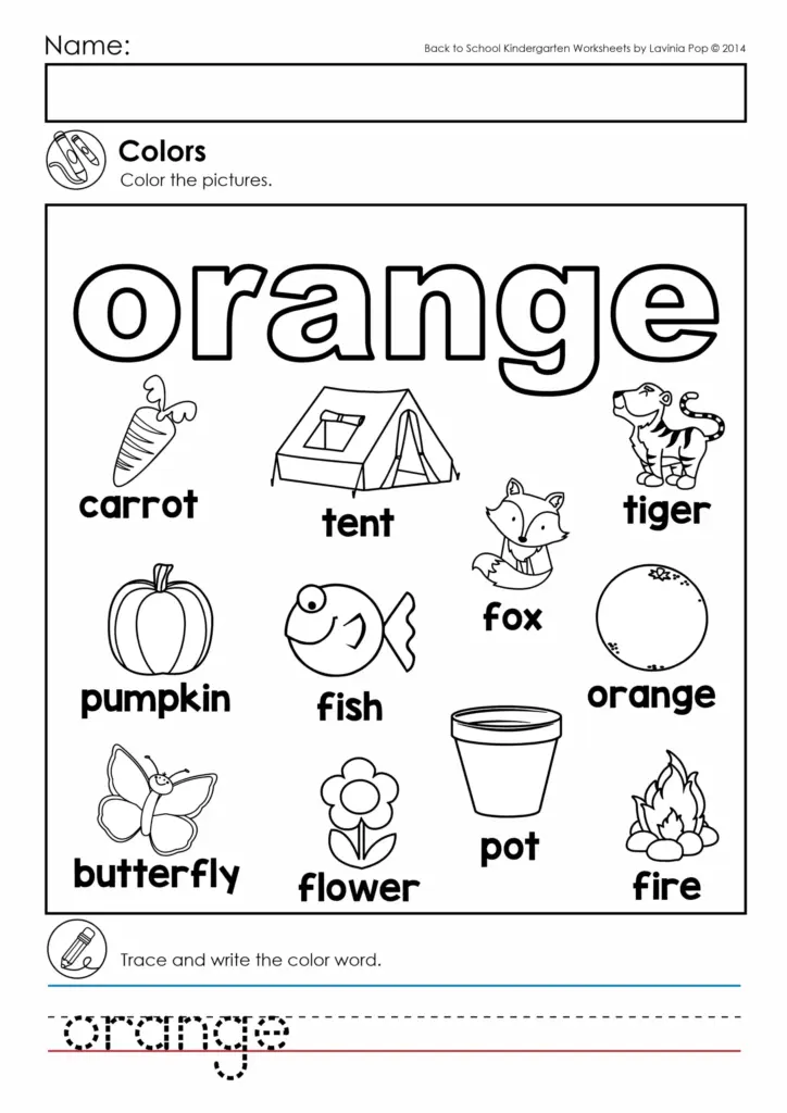 Orange coloring worksheet featuring items like a carrot, pumpkin, and butterfly for kids