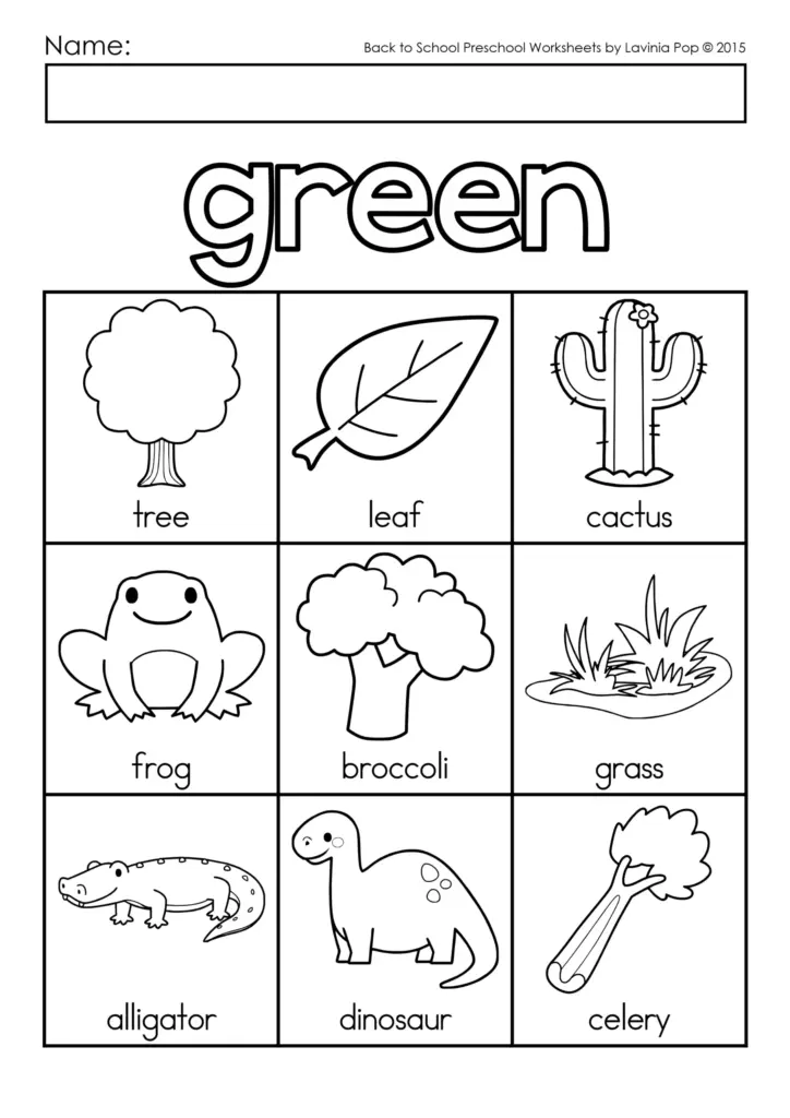 Green coloring worksheet with s of a tree, frog, and other green items for kids