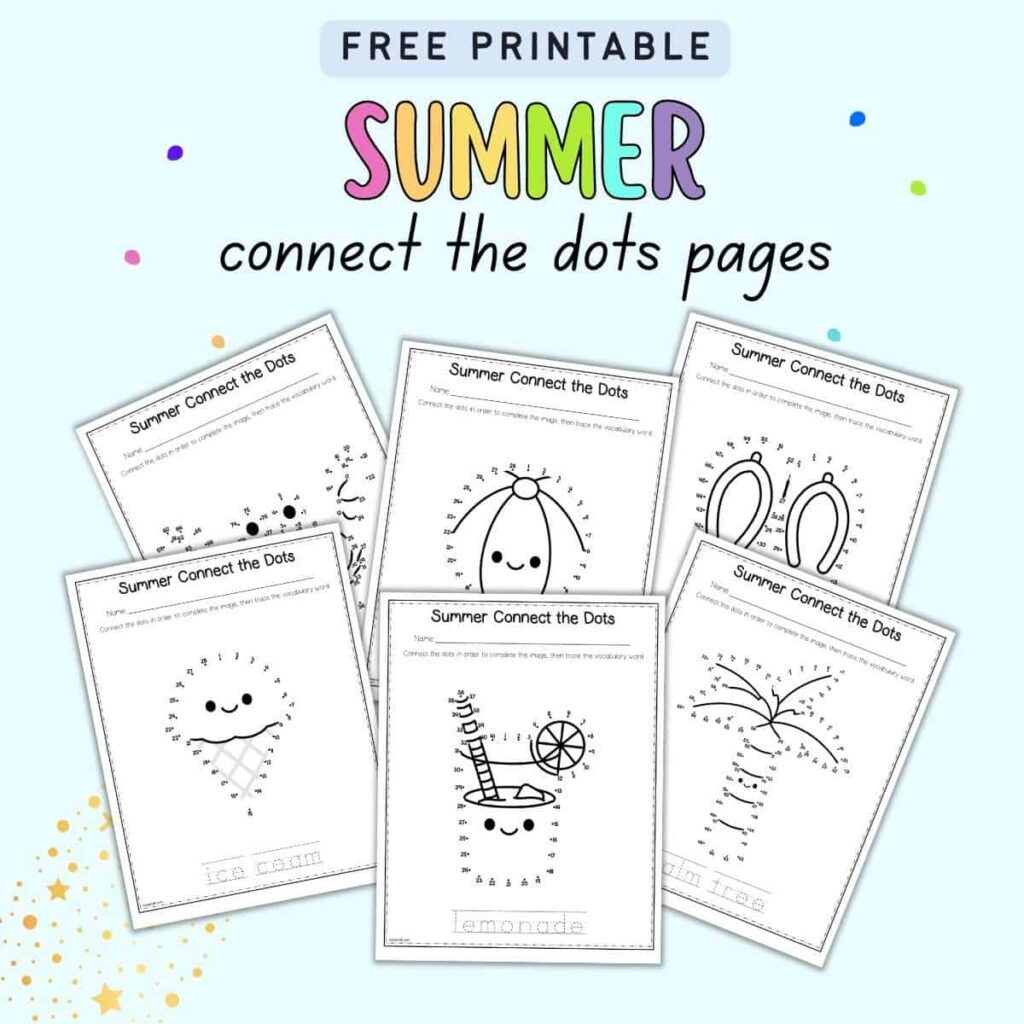 Free Connect The Dots Free Printables featuring summer-themed worksheets with fun designs