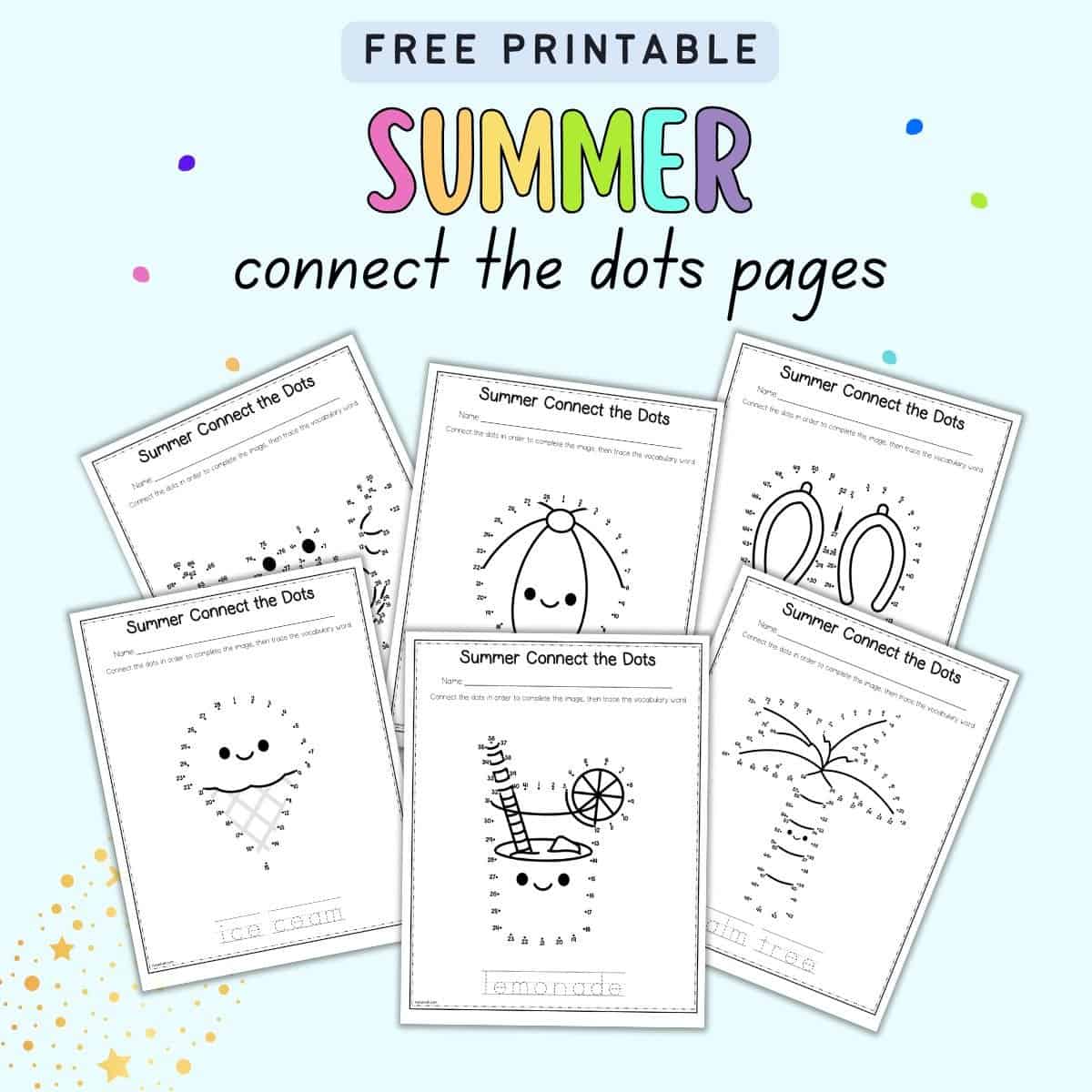 Free Connect The Dots Free Printables featuring summer-themed worksheets with fun designs