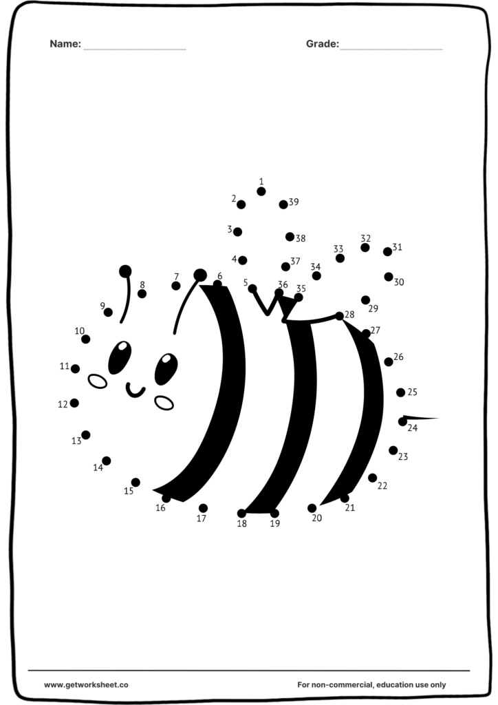 Cute connect the dots printable featuring a smiling bee for kids to complete