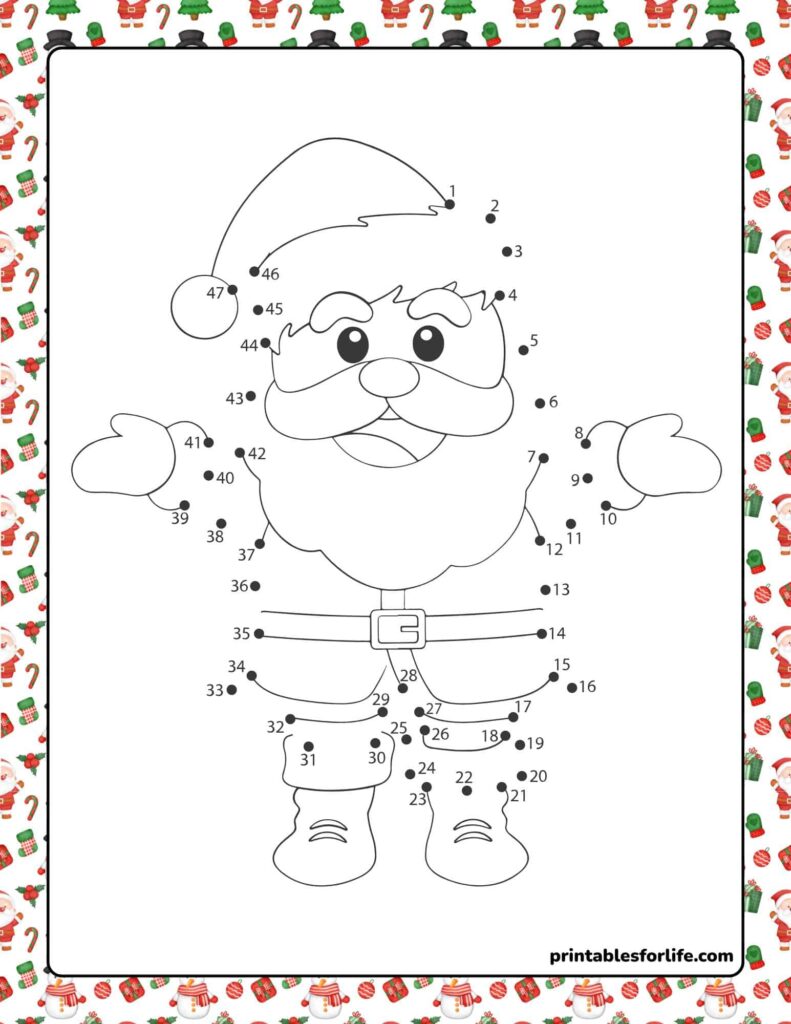 Connect The Dots Printable Free featuring a Christmas Santa character for kids to complete