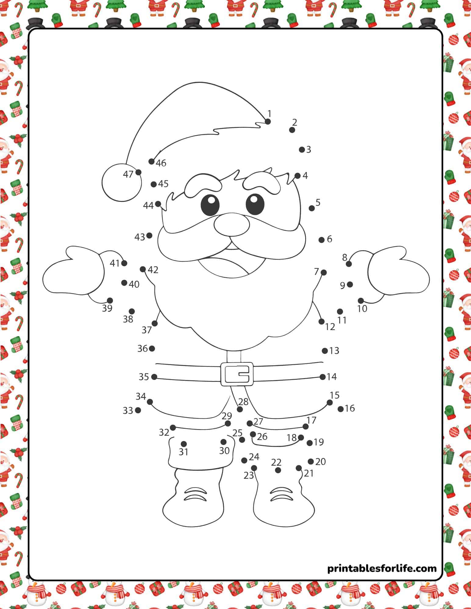 Connect The Dots Printable Free featuring a Christmas Santa character for kids to complete