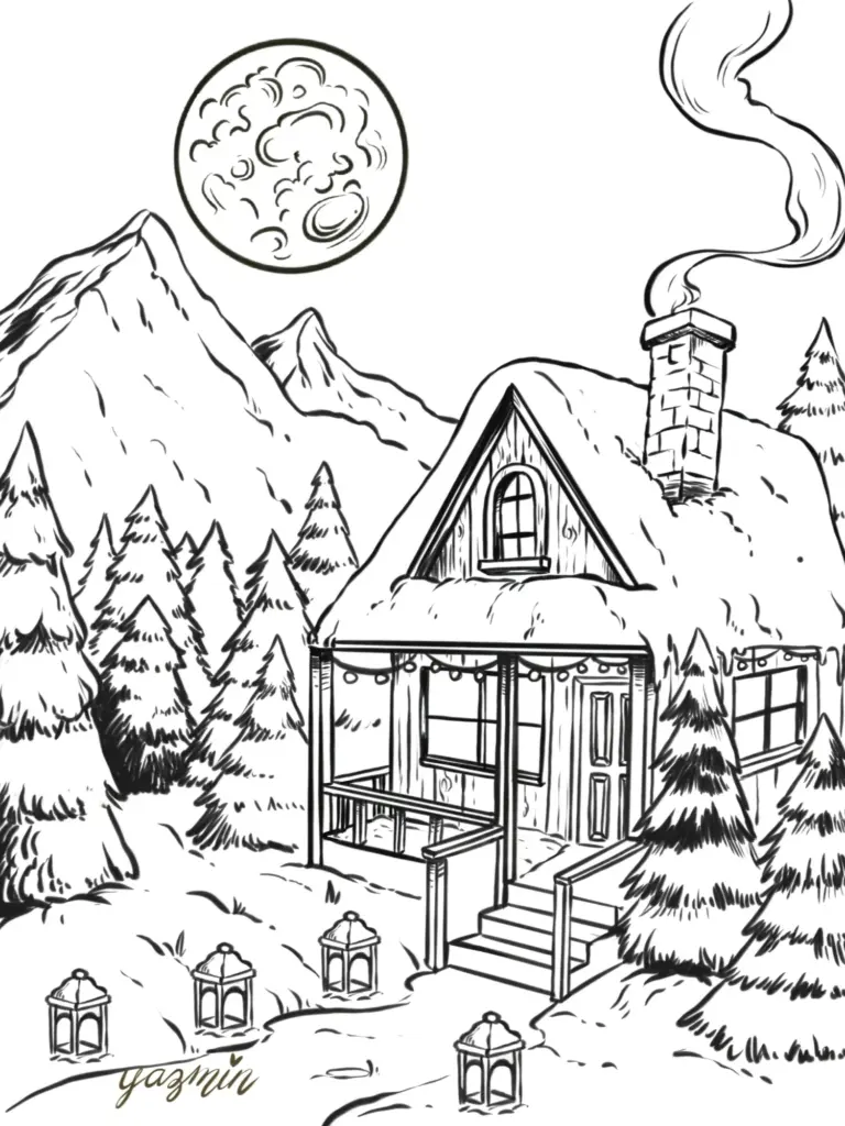 Cool Coloring Pages For Adults: Moonlit Winter Cottage Cool Coloring Pages For Adults featuring a cozy winter cottage in a snowy forest with a full moon