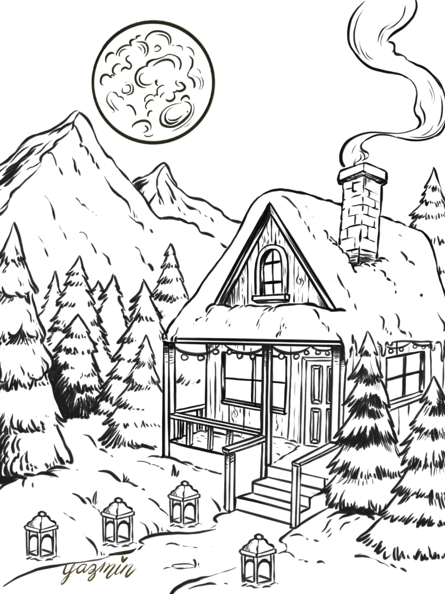 Cool Coloring Pages For Adults featuring a cozy winter cottage in a snowy forest with a full moon