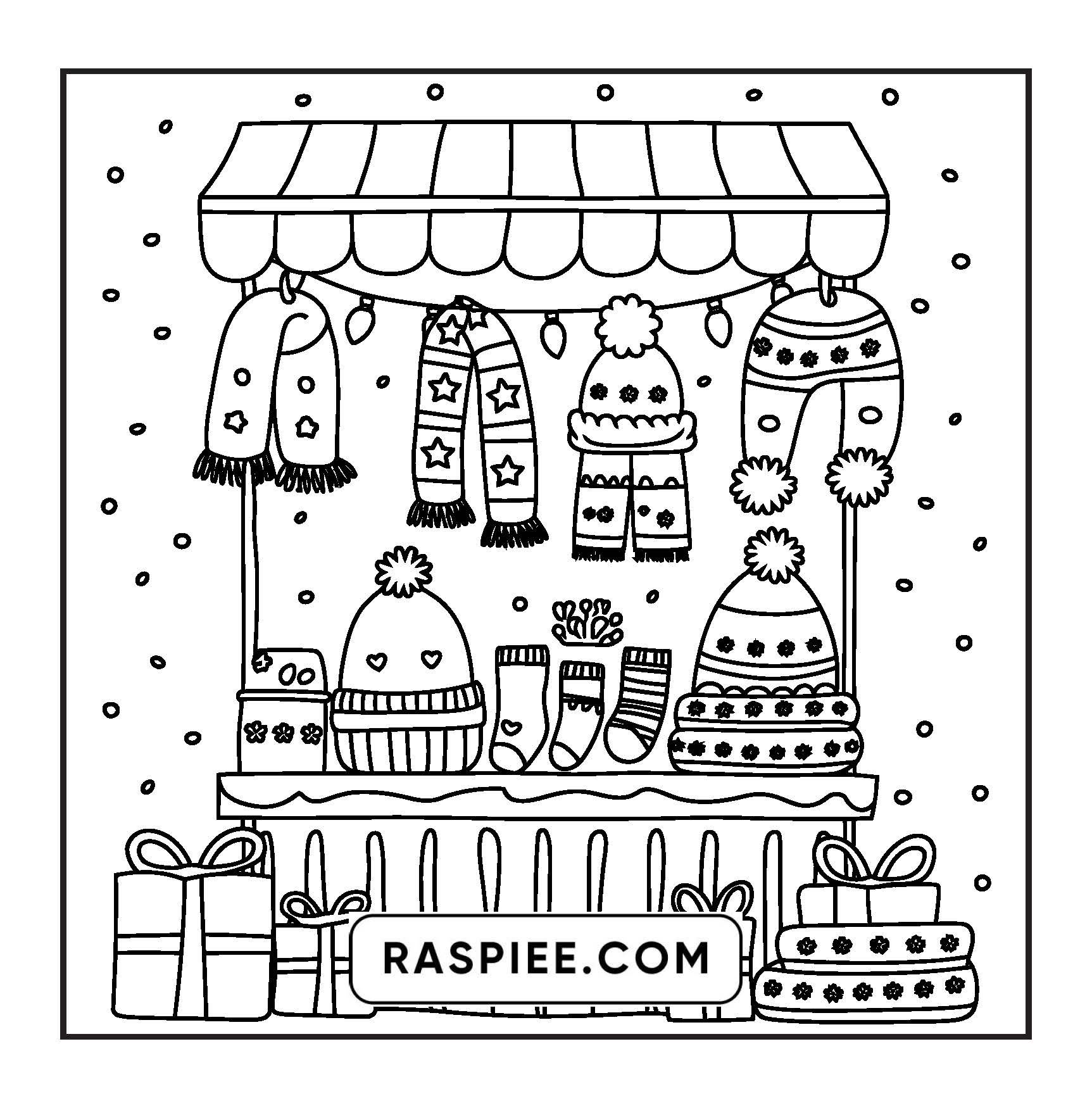 Cozy Christmas Coloring Book Pages featuring winter hats, scarves, and gifts in a festive setting